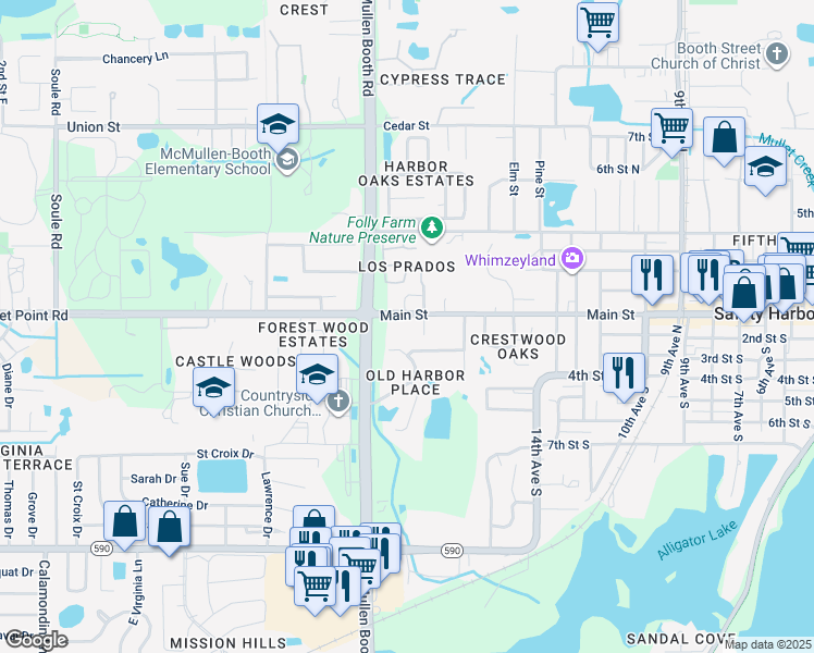 map of restaurants, bars, coffee shops, grocery stores, and more near 109 Oak Avenue in Safety Harbor