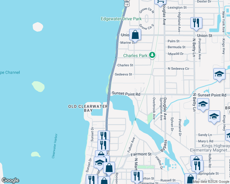 map of restaurants, bars, coffee shops, grocery stores, and more near 1899 North Fort Harrison Avenue in Clearwater