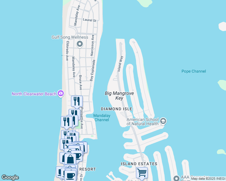 map of restaurants, bars, coffee shops, grocery stores, and more near 690 Island Way in Clearwater
