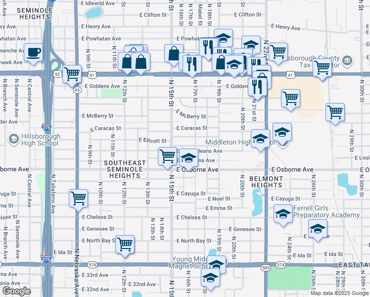 map of restaurants, bars, coffee shops, grocery stores, and more near 1610 East Louisiana Avenue in Tampa