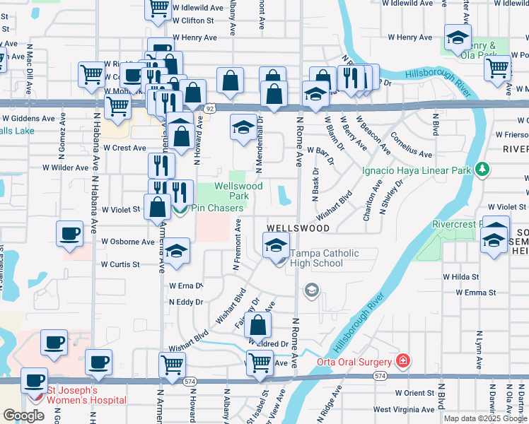 map of restaurants, bars, coffee shops, grocery stores, and more near 4823 North Mendenhall Drive in Tampa