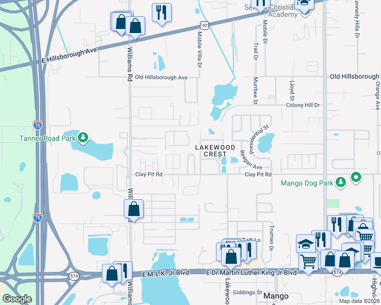 map of restaurants, bars, coffee shops, grocery stores, and more near 11010 Clay Pit Road in Tampa