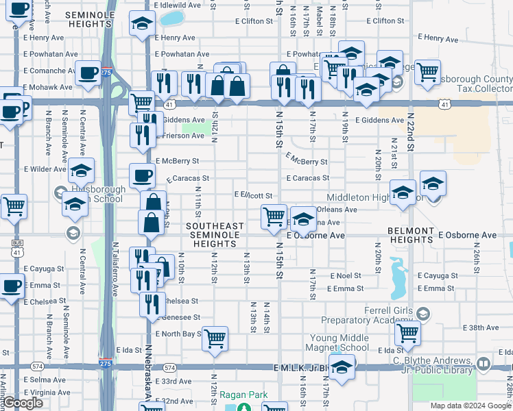 map of restaurants, bars, coffee shops, grocery stores, and more near 1308 East New Orleans Avenue in Tampa