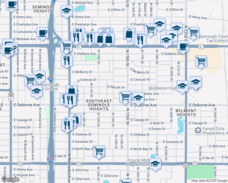 map of restaurants, bars, coffee shops, grocery stores, and more near 1307 East New Orleans Avenue in Tampa