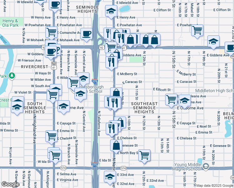 map of restaurants, bars, coffee shops, grocery stores, and more near 903 East New Orleans Avenue in Tampa