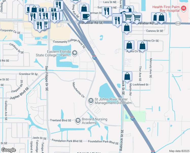 map of restaurants, bars, coffee shops, grocery stores, and more near 448 Community College Parkway Southeast in Palm Bay