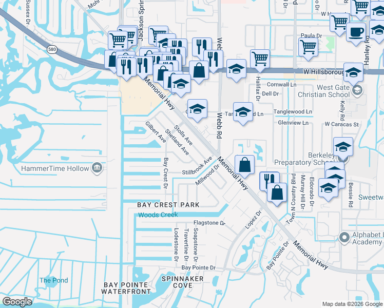 map of restaurants, bars, coffee shops, grocery stores, and more near 8405 Bedford Lane in Tampa