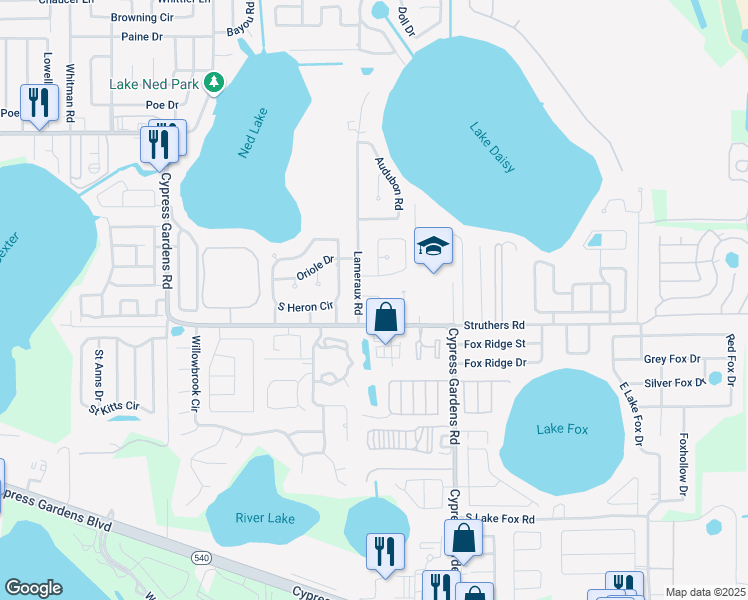 map of restaurants, bars, coffee shops, grocery stores, and more near 1018 Robin Lane in Winter Haven