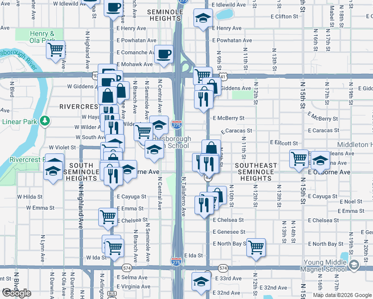 map of restaurants, bars, coffee shops, grocery stores, and more near 801 East New Orleans Avenue in Tampa