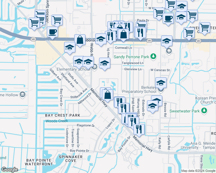 map of restaurants, bars, coffee shops, grocery stores, and more near 4736 Normandy Drive in Tampa