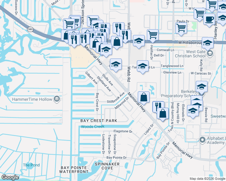 map of restaurants, bars, coffee shops, grocery stores, and more near 8405 Bedford Lane in Tampa