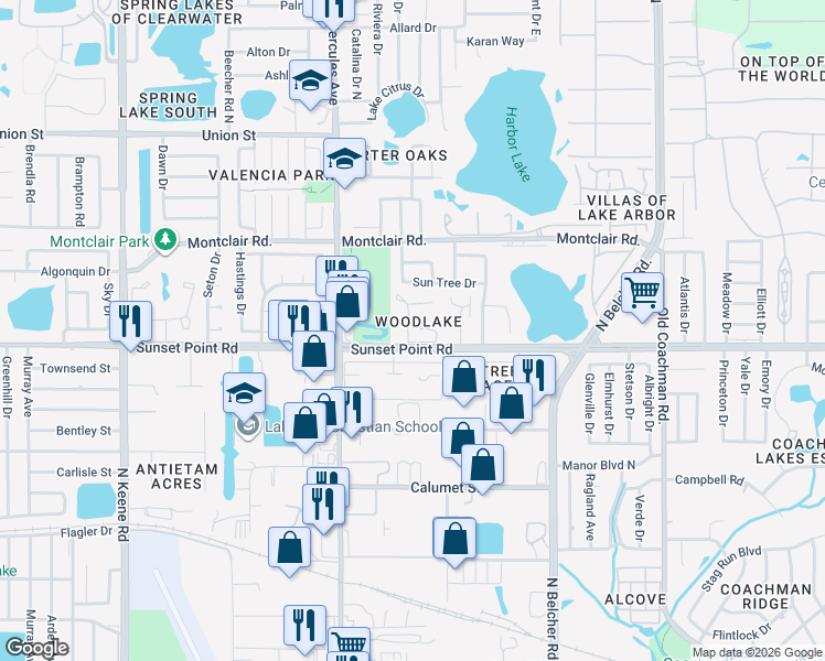 map of restaurants, bars, coffee shops, grocery stores, and more near 2052 Sunset Grove Lane in Clearwater