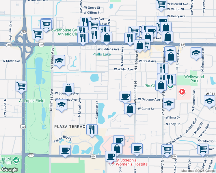 map of restaurants, bars, coffee shops, grocery stores, and more near 4800 North Mac Dill Avenue in Tampa