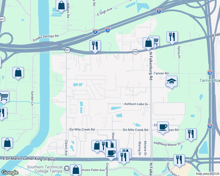 map of restaurants, bars, coffee shops, grocery stores, and more near 9707 Linda Place in Tampa