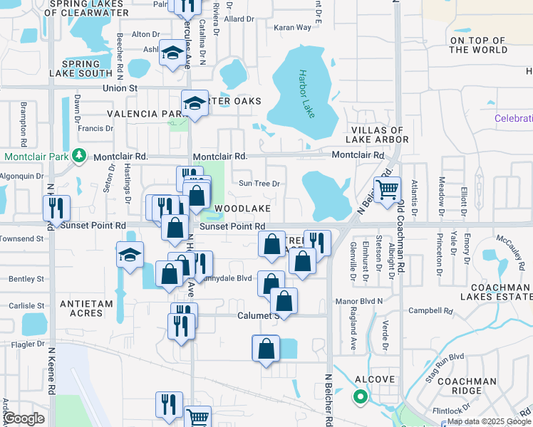 map of restaurants, bars, coffee shops, grocery stores, and more near 2088 Sunset Grove Lane in Clearwater