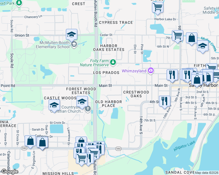 map of restaurants, bars, coffee shops, grocery stores, and more near 1830 Main Street in Safety Harbor