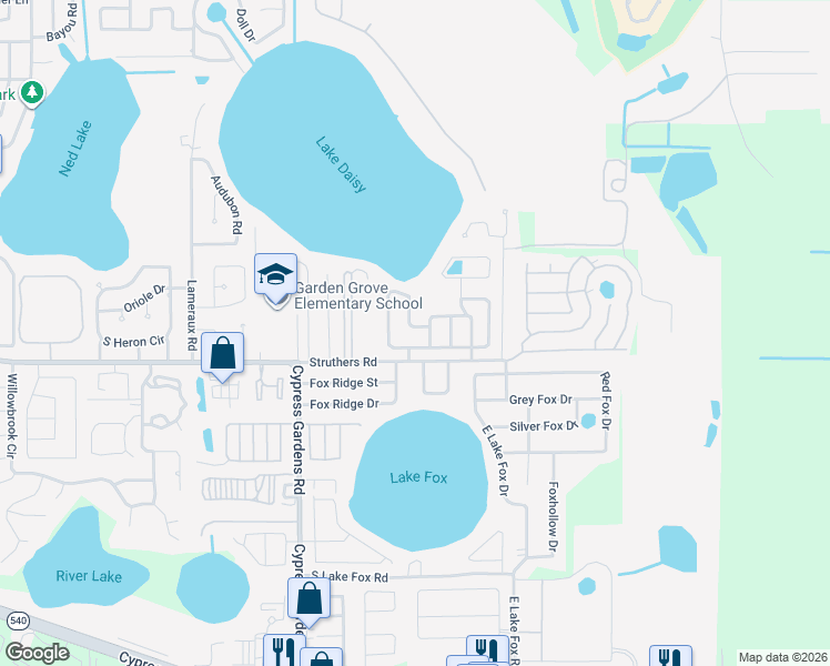map of restaurants, bars, coffee shops, grocery stores, and more near 443 Lake Daisy Drive in Winter Haven