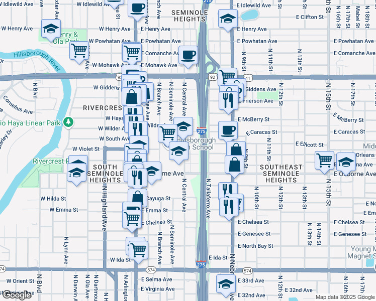 map of restaurants, bars, coffee shops, grocery stores, and more near 4813 North Central Avenue in Tampa