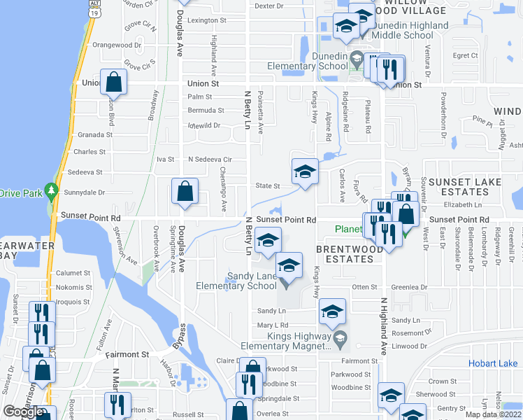 map of restaurants, bars, coffee shops, grocery stores, and more near 1314 Sunset Point Road in Clearwater