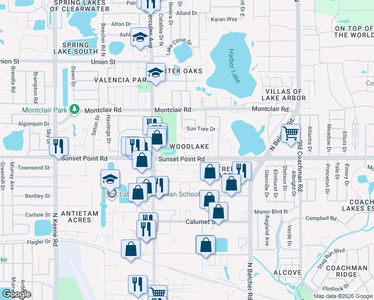 map of restaurants, bars, coffee shops, grocery stores, and more near 2052 Sunset Grove Lane in Clearwater