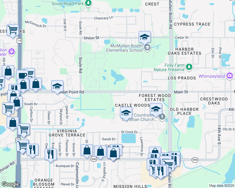 map of restaurants, bars, coffee shops, grocery stores, and more near 2921 Sunrise Drive in Clearwater