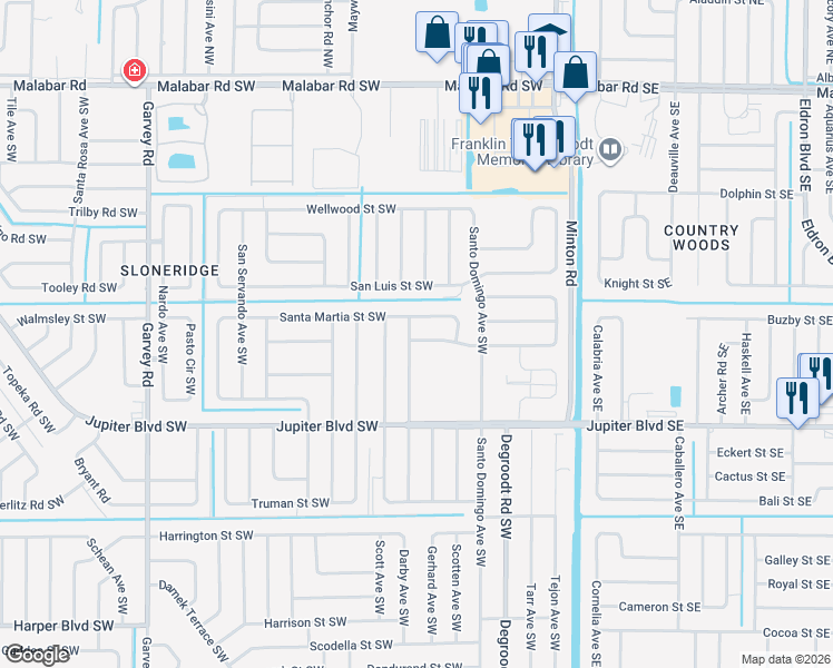 map of restaurants, bars, coffee shops, grocery stores, and more near 417 Saragassa Avenue in Palm Bay