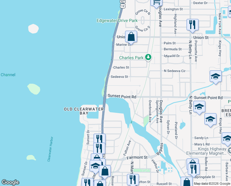 map of restaurants, bars, coffee shops, grocery stores, and more near 1028 County Road 576 in Clearwater
