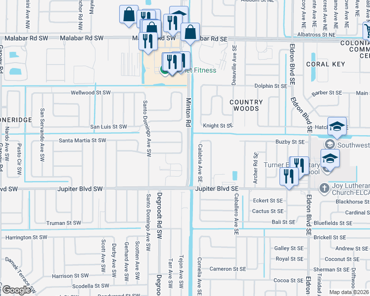 map of restaurants, bars, coffee shops, grocery stores, and more near 148 Tucson Road Southwest in Palm Bay