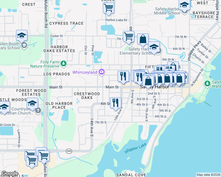 map of restaurants, bars, coffee shops, grocery stores, and more near 1068 Delaware Street in Safety Harbor