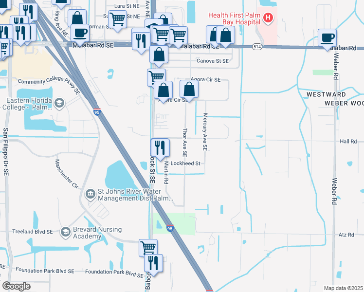 map of restaurants, bars, coffee shops, grocery stores, and more near 431 Thor Avenue Southeast in Palm Bay