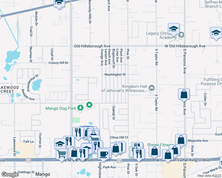 map of restaurants, bars, coffee shops, grocery stores, and more near 5213 Bogdonoff Drive in Seffner
