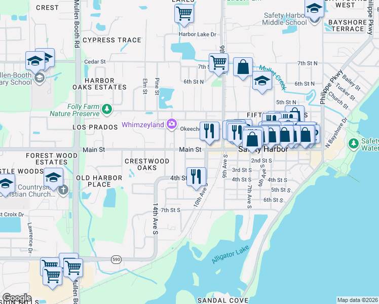 map of restaurants, bars, coffee shops, grocery stores, and more near 1068 Delaware Street in Safety Harbor