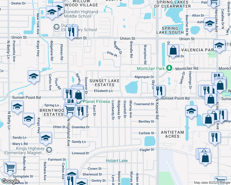 map of restaurants, bars, coffee shops, grocery stores, and more near 1647 Sunset Point Road in Clearwater