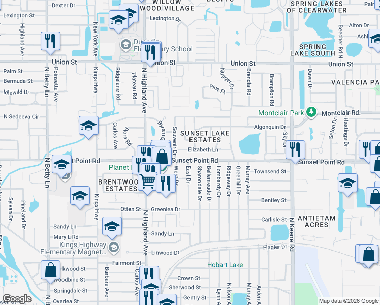 map of restaurants, bars, coffee shops, grocery stores, and more near 1580 County Road 576 in Clearwater