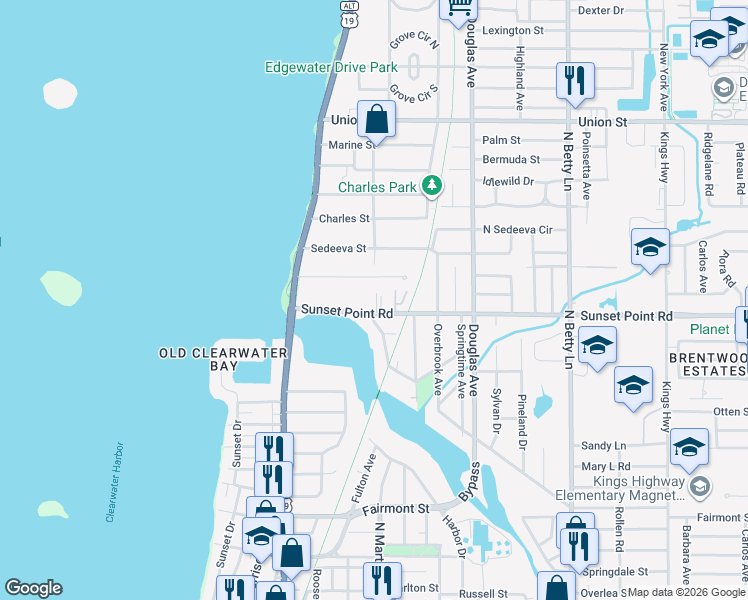 map of restaurants, bars, coffee shops, grocery stores, and more near 1066 Sunset Point Road in Clearwater