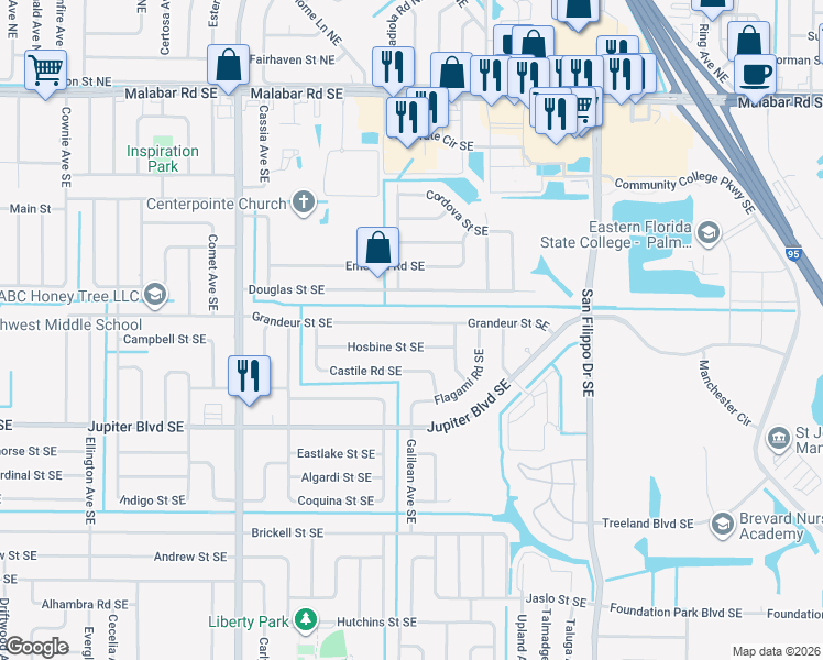 map of restaurants, bars, coffee shops, grocery stores, and more near 1050 Hosbine Street Southeast in Palm Bay