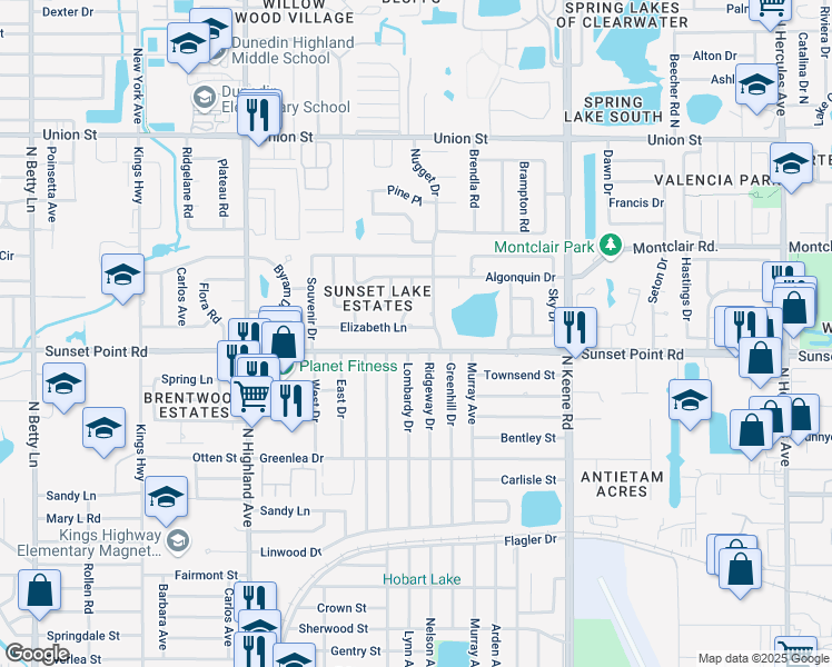 map of restaurants, bars, coffee shops, grocery stores, and more near 1647 Sunset Point Road in Clearwater