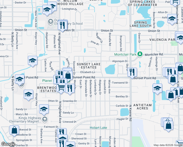 map of restaurants, bars, coffee shops, grocery stores, and more near 1620 County Road 576 in Clearwater