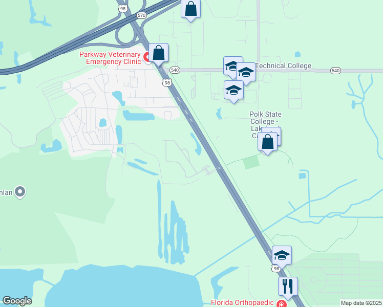 map of restaurants, bars, coffee shops, grocery stores, and more near 4044 Mountain Chestnut Way in Lakeland
