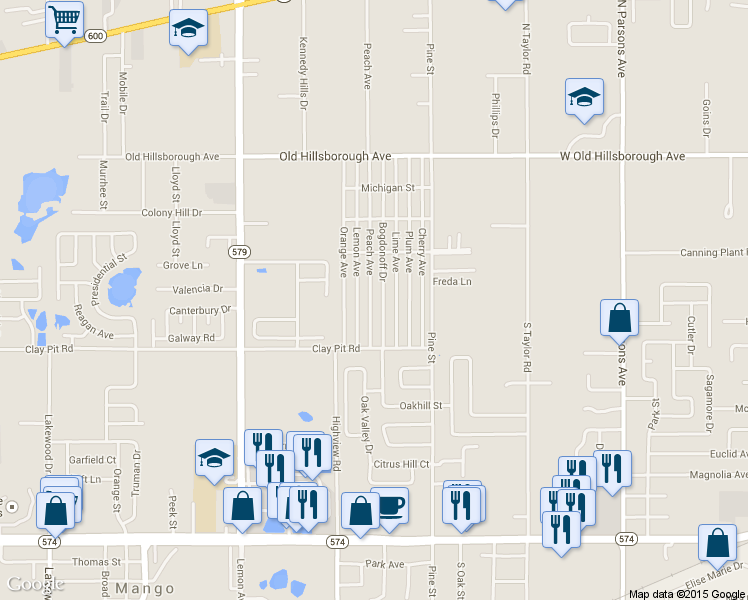 map of restaurants, bars, coffee shops, grocery stores, and more near 5223 Peach Avenue in Seffner