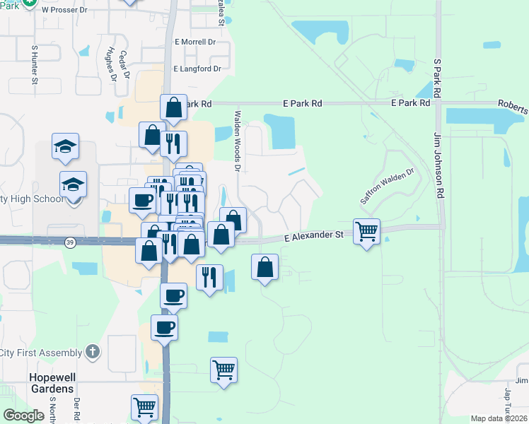 map of restaurants, bars, coffee shops, grocery stores, and more near 815 Ashentree Drive in Plant City