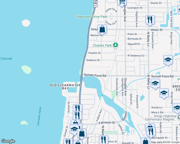 map of restaurants, bars, coffee shops, grocery stores, and more near 1028 Sunset Point Road in Clearwater