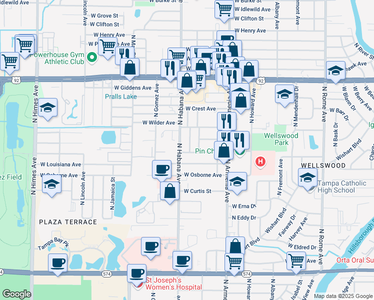 map of restaurants, bars, coffee shops, grocery stores, and more near 2725 West Louisiana Avenue in Tampa