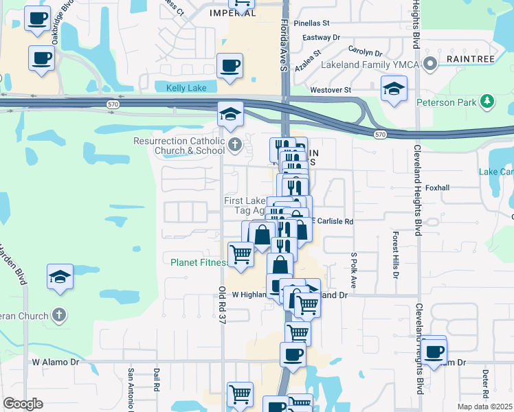 map of restaurants, bars, coffee shops, grocery stores, and more near 215 Rhea Circle in Lakeland