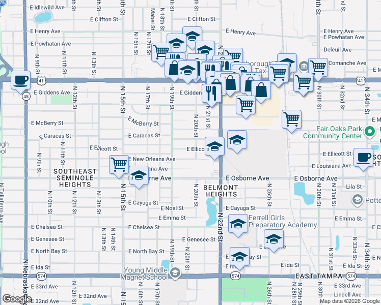map of restaurants, bars, coffee shops, grocery stores, and more near 2013 East New Orleans Avenue in Tampa