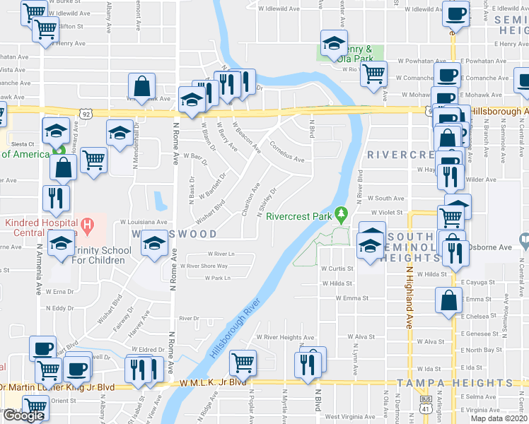 map of restaurants, bars, coffee shops, grocery stores, and more near 4806 North Shirley Drive in Tampa