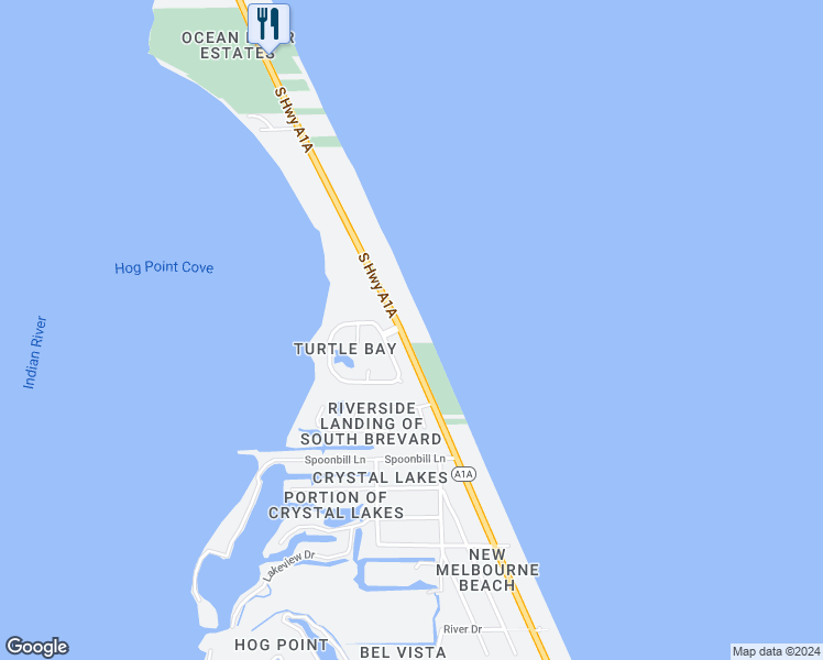 map of restaurants, bars, coffee shops, grocery stores, and more near 4809 South Highway A1A in Melbourne Beach