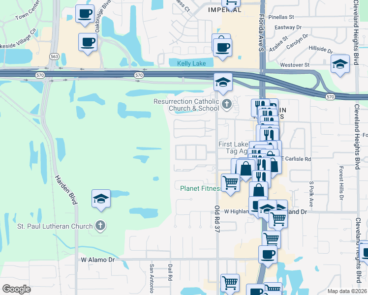 map of restaurants, bars, coffee shops, grocery stores, and more near 608 El Camino Real North in Lakeland