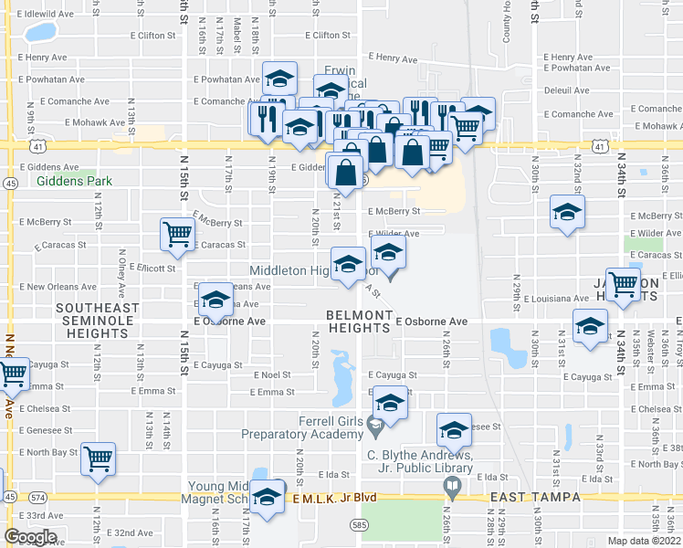map of restaurants, bars, coffee shops, grocery stores, and more near 2115 East Ellicott Street in Tampa