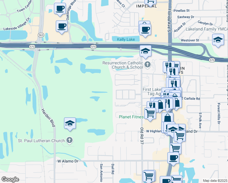 map of restaurants, bars, coffee shops, grocery stores, and more near 619 El Camino Real West in Lakeland